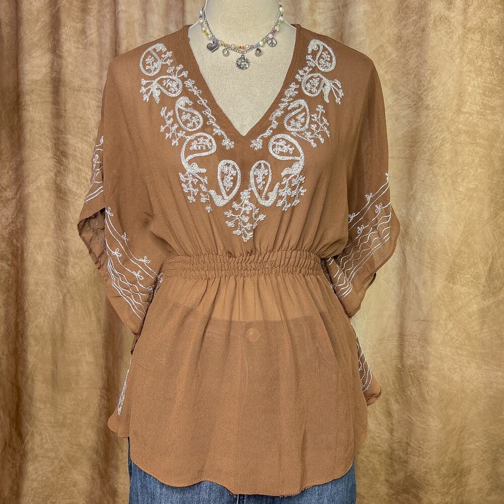 Boho Mesh Embroidered Top Flowy Chiffon Cinched Waist Brown White Fairy Festival